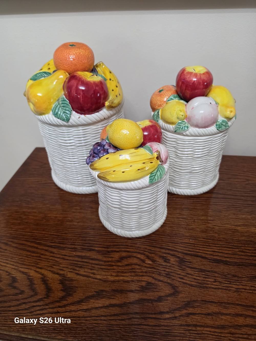 Vintage Fruit-Top Canister Set - White Basketweave with Multicolor Fruit Lids